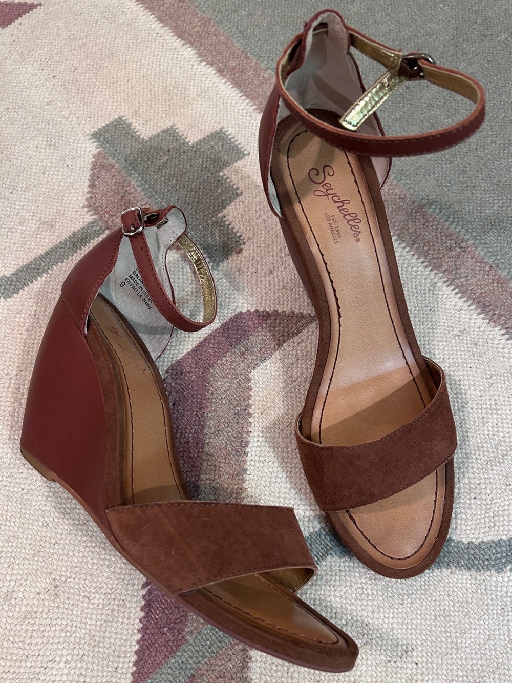 Seychelles Brown Leather & Suede Platform Wedge Ankle Strap Sandals Size 9